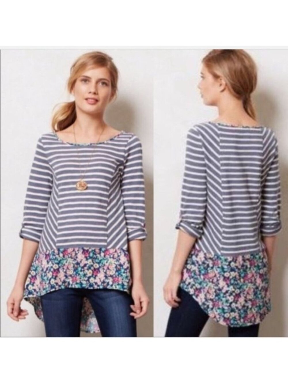 Anthropologie Postmark Fairley Grey Striped Floral Tunic Top XL Cottagecore Boho